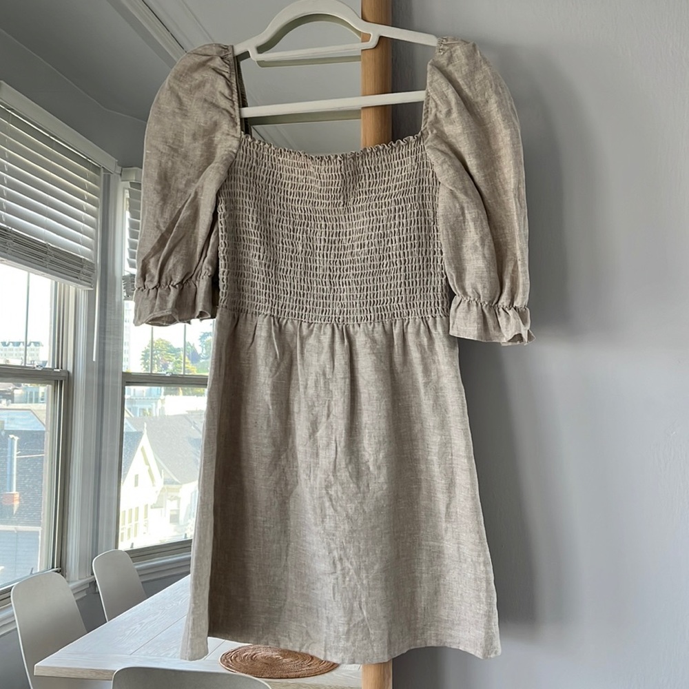 Reformation Linen Puff Sleeve Dress, Oatmeal